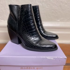 Madden Girl black embossed klicck booties.